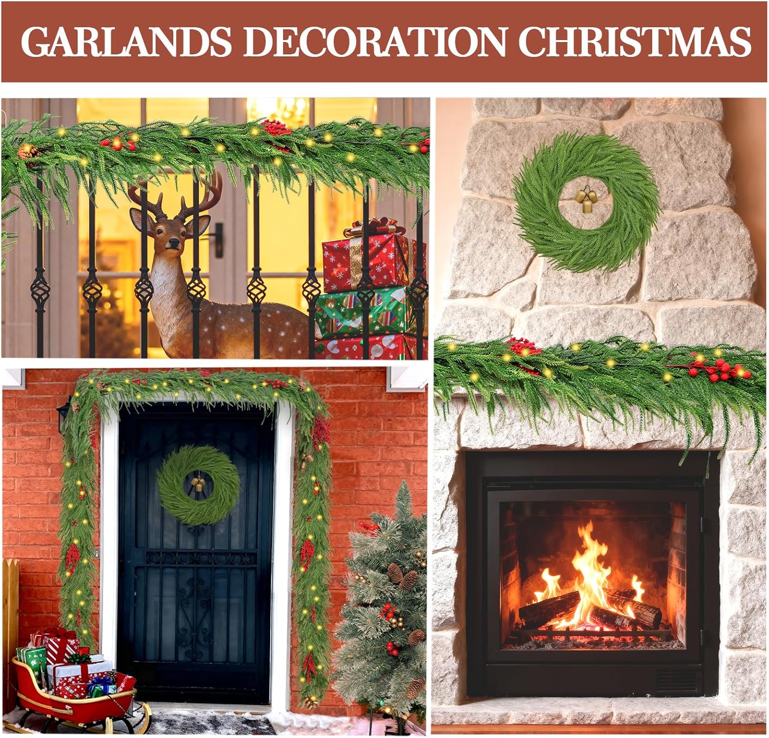 6FT Christmas Garland with Lights, Real Touch Norfolk Pine Garland with Pinecone Red Berry Bells, Faux Cedar Garland for Mantle Table Stairs Front Door Indoor Decor - Image 7