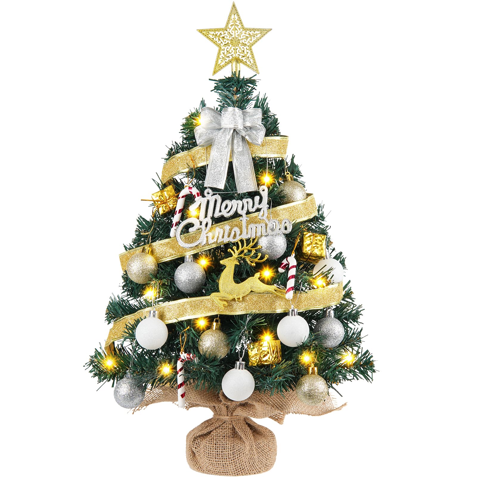 Mini Christmas Tree Decorations 24In/2FT Small Artificial Christmas Tree Tabletop with 40 Lights 8 Modes Tabletop Fireplace Mantel Table Christmas Decorations Home Office Indoor Decor