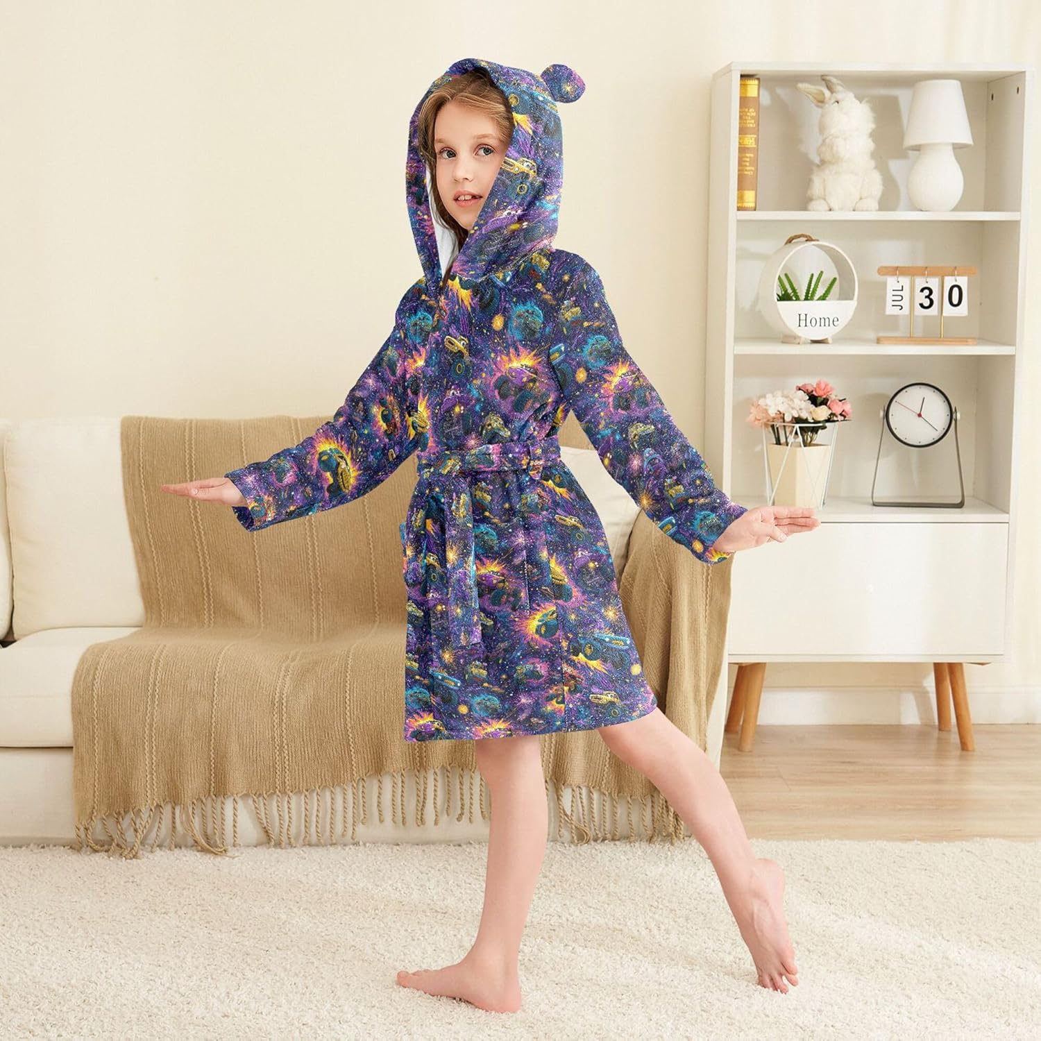 Monster Truck Cars Galaxy Space Pattern Bathrobe Hooded PJ Robe Soft Fleece Robe Sleepwear 2-12 Years