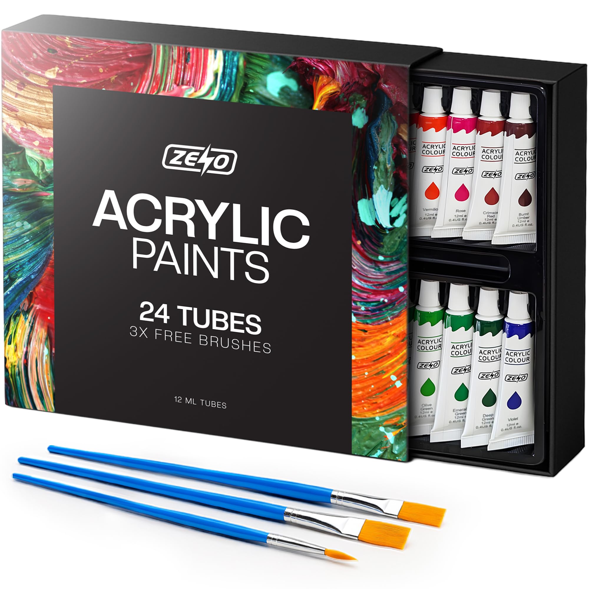 ZENO Acrylic Paint Set of 24 Colour Tubes | with 3 Paint Brushes | For Canvas Wood Ceramic Fabric | Non-Toxic | Vibrant Pigments | For Adults & Kids