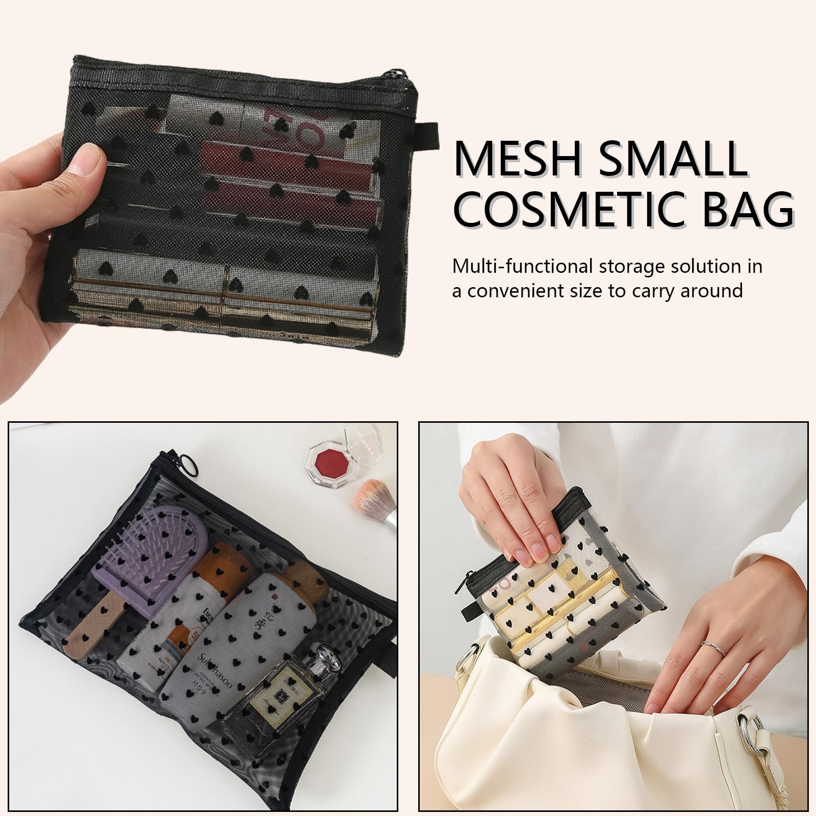 4Pcs Mini Mesh Makeup Bags, Heart Print Clear Zipper Pouch for Lipstick and Toiletries Organizer Holiday Travel Essentials - Image 4