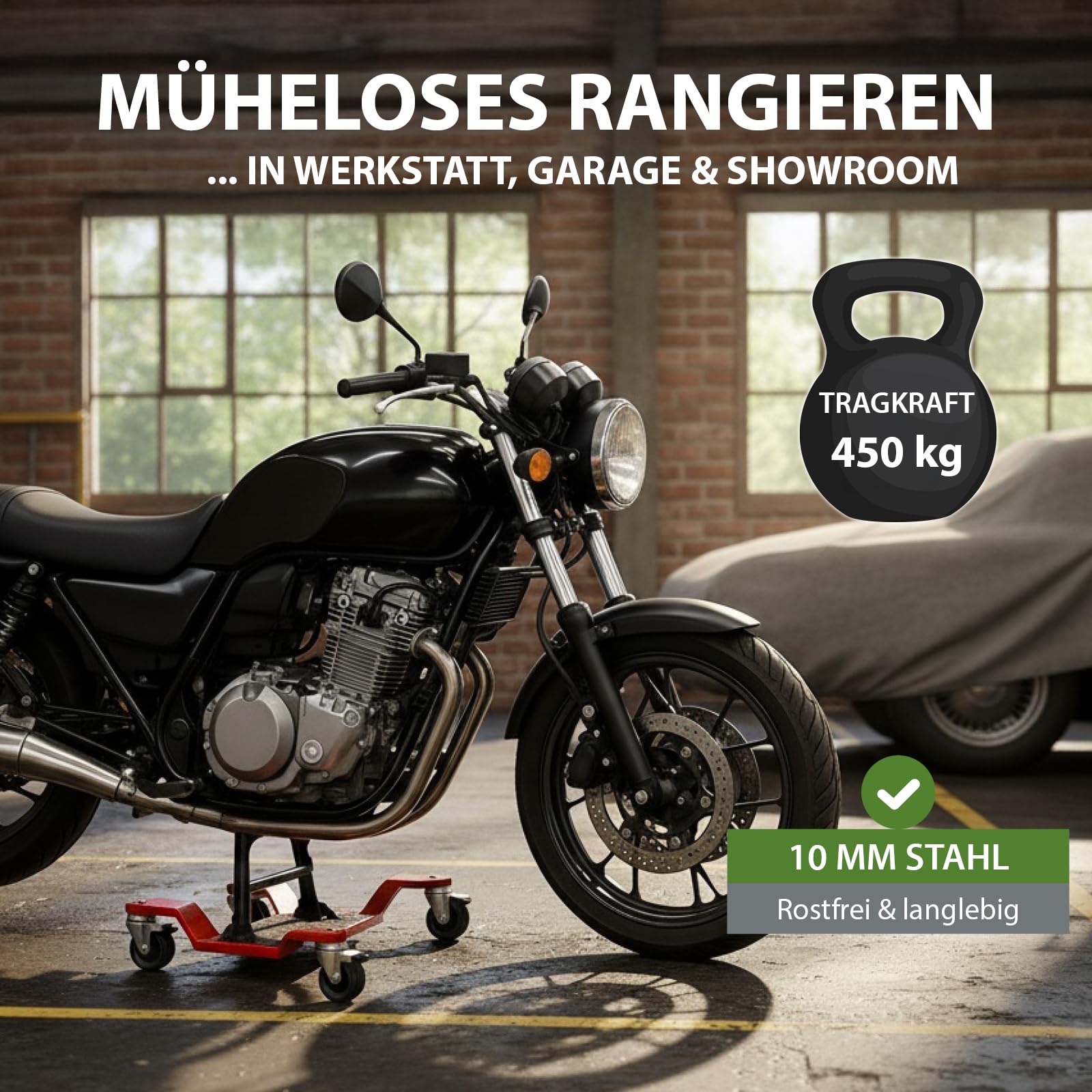 TRUTZHOLM Rangierhilfe für Motorrad mit Hauptständer Tragkraft 450 kg Rangierplatte extra-flach mit 4x Doppenrollen 360° schwenkbar und 4x Feststellbremse Rangierroller 10 mm dicker Stahl in rot