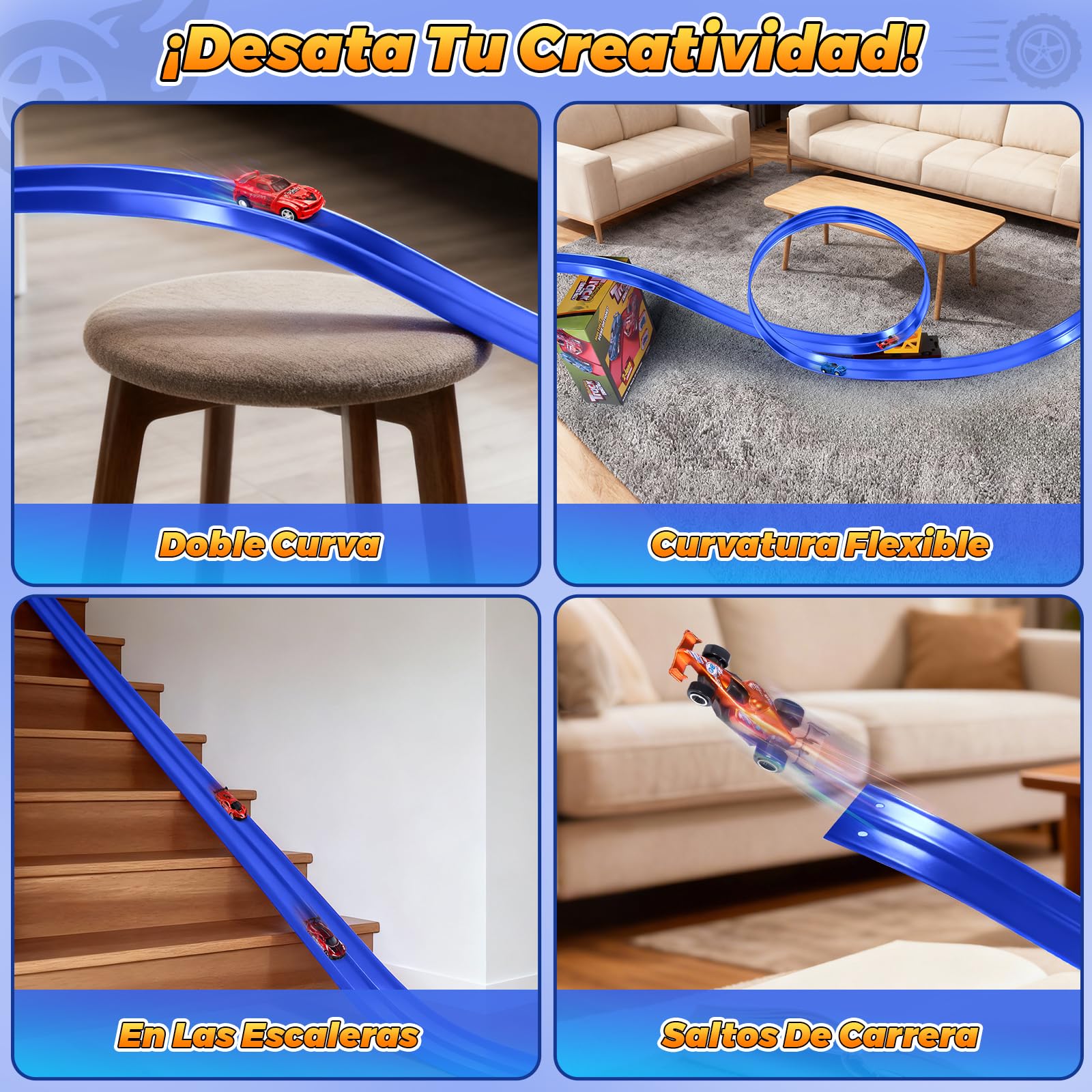 Pista Coches Flexible, 5M Circuito Coches Flexible Portátil con 6 Coches de Juguete 1 Bolsa de Almacenamiento 2 Rampas 4 Ventosas Flexible Car Track para Niños 4 5 6 7 Años (Azul)