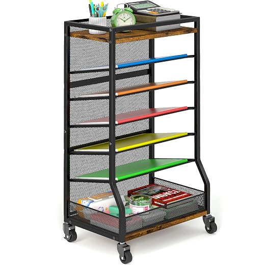 7 Tier Rolling File Cart with Sliding Trays, Wood Metal File Organizer Beside Desk, Free-Standing File Holder, Paper Letter Tray Organizer Mesh Desk Organizer for Home Office School (Patent)