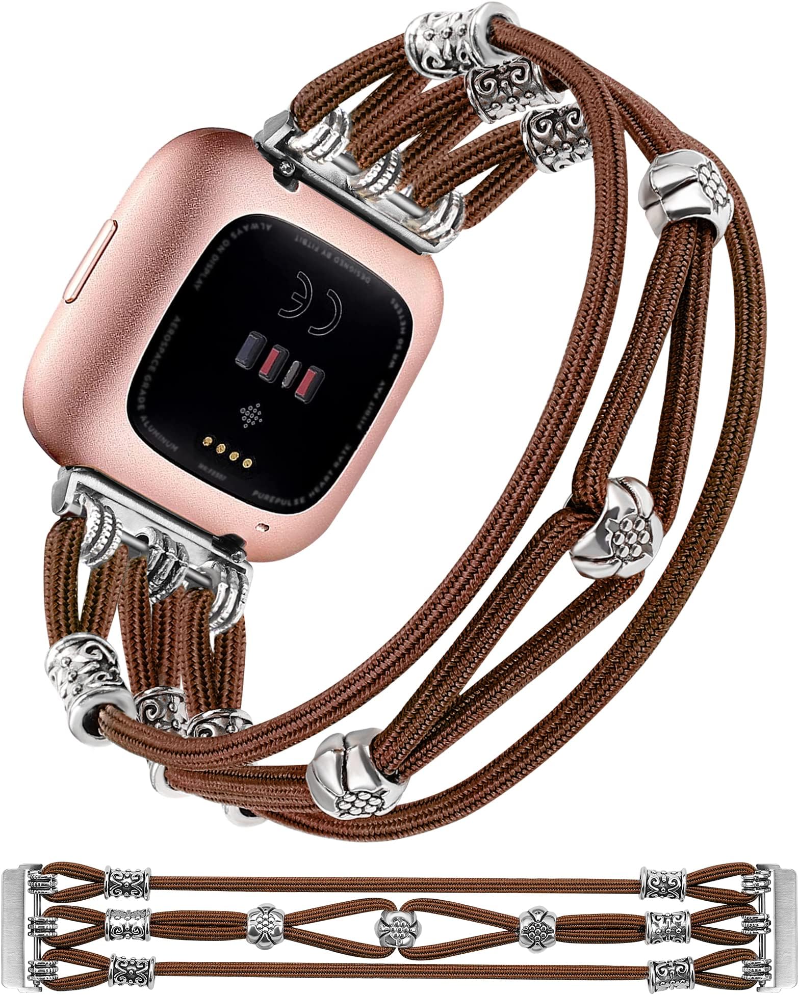 Wearlizer Beaded Bracelet Compatible with Fitbit Versa Strap/Versa 2 Strap for Women, Stretchy Nylon Solo Loop Strap Elastic Handmade Boho Cute Stylish Bands for Fitbit Versa 2 Smart Watch