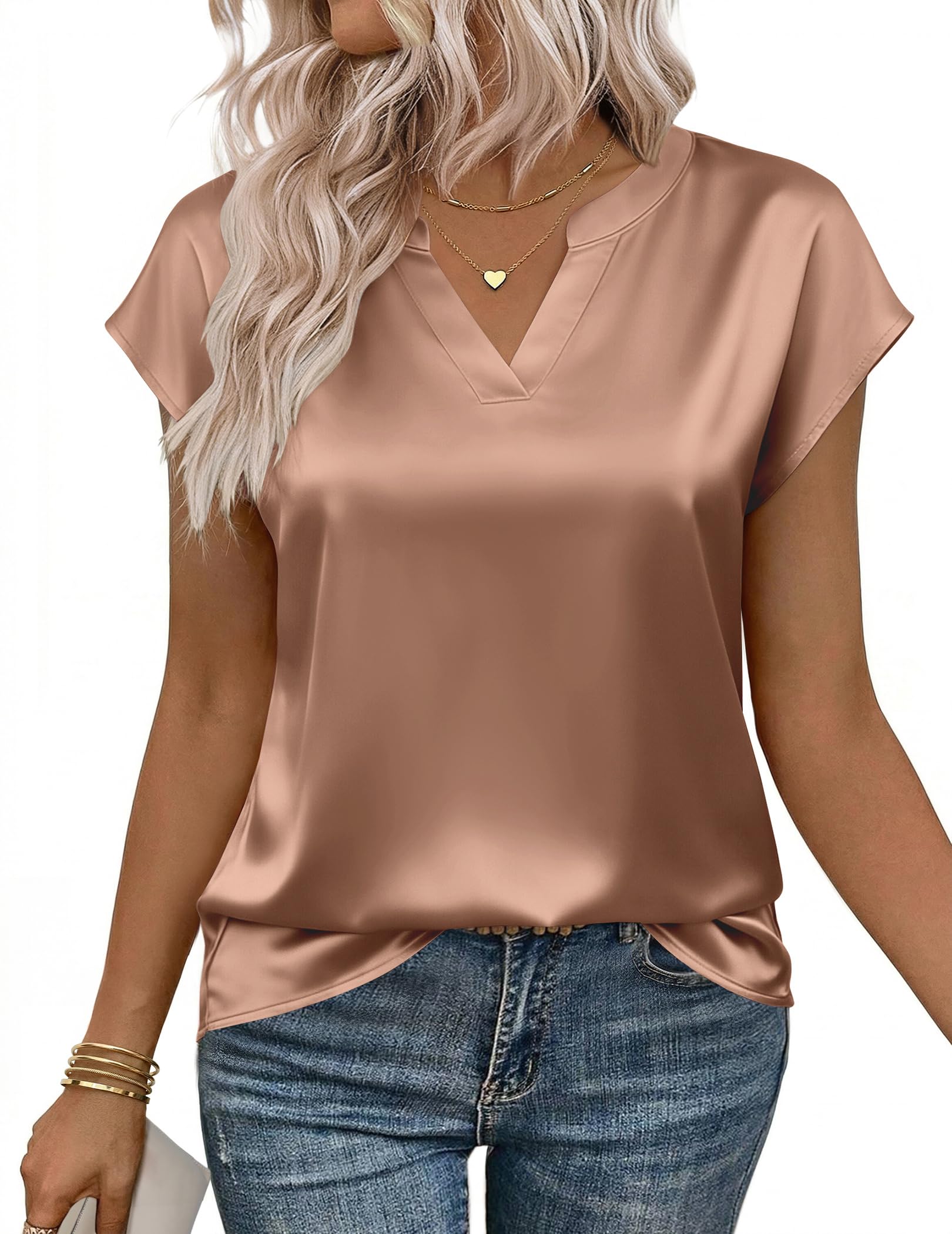 Zeagoo Women Tops Silk Satin Blouses V Neck Summer Shirts Cap Sleeve Business Casual Dressy Spring Clothing — view 19
