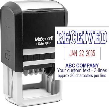 MaxMark Q43 Large Size Date Stamp with Received and Custom Text, Self Inking Stamp - 2 Color Blue/Red Ink