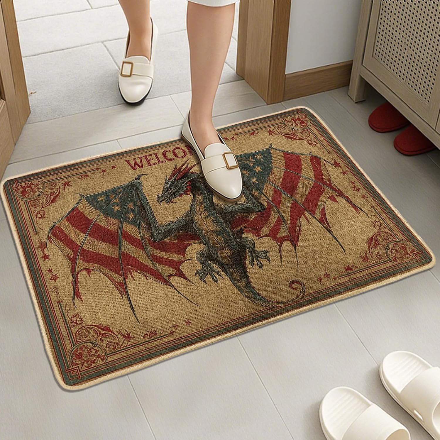 Patriotic Dragon Doormat, Red and Blue Welcome Mat for Indoor & Outdoor Fall Decor, Rustic Waterproof Non-Slip Floor Mats, Easy to Clean 29x17 Inch