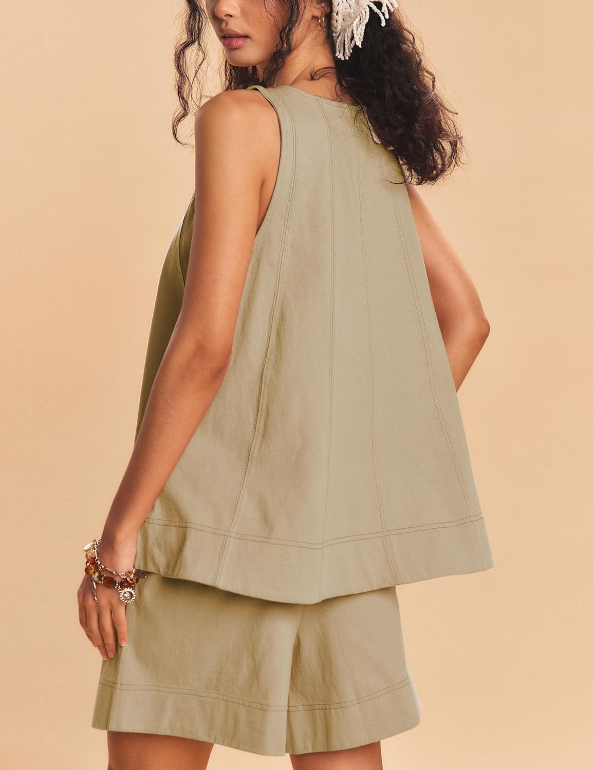 Womens 2 Piece Lounge Set Casual Summer Outfits Sleeveless Tank Top and Elastic Waist Shorts with Pockets - Image 2