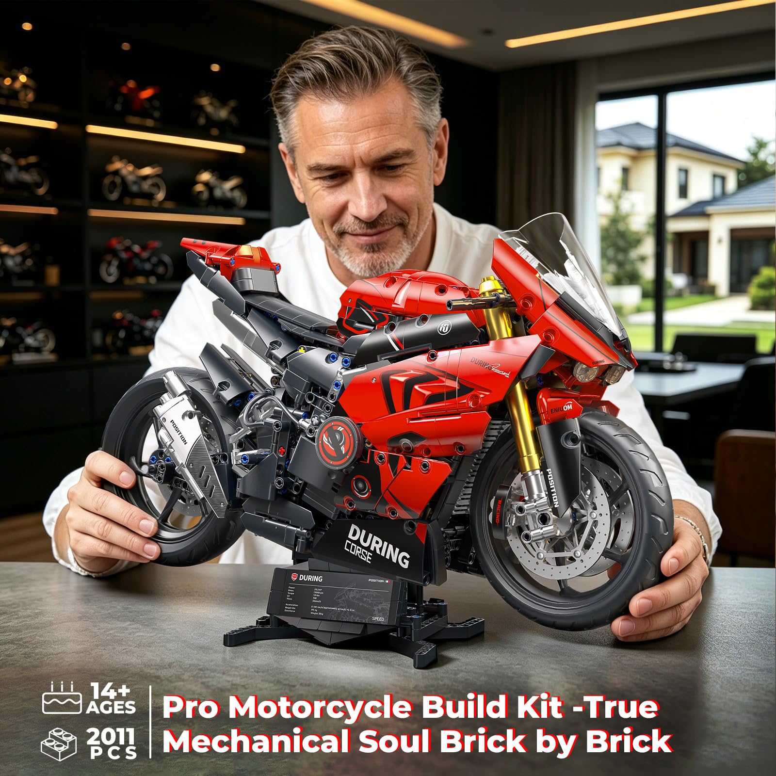 Flubecrux Technik Motorrad Klemmbausteine Modell 1:5 | 2024 Teile Technik Auto Bausatz mit realistischem Design, beweglichen Funktionen und Ausstellungsständer