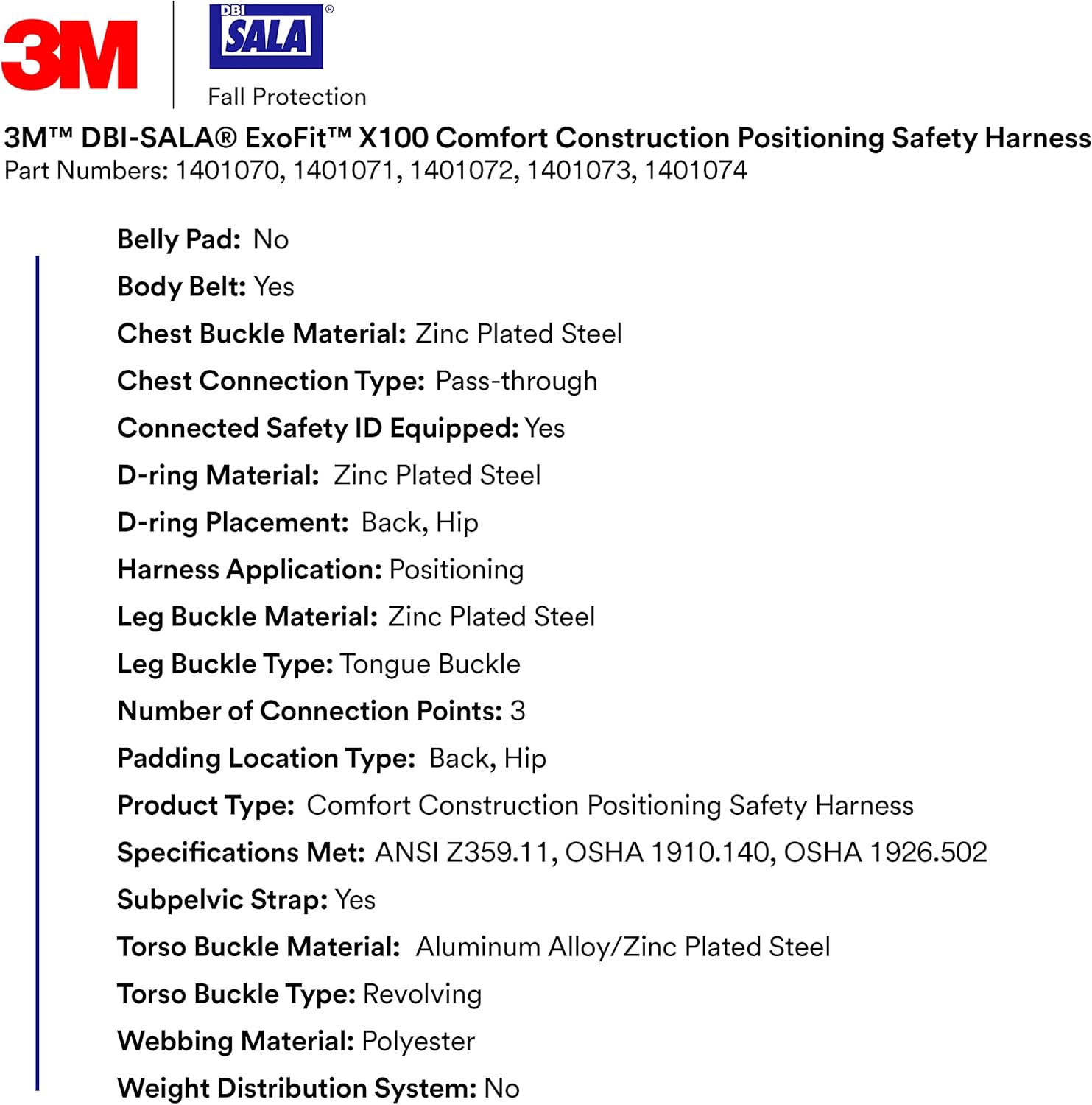 3M DBI-SALA ExoFit X100 Comfort Construction Positioning Safety Harness, OSHA, ANSI, 3 D-Ring Connections, Tongue Leg Buckles, Pass-through Chest Buckle, 1401072, Large