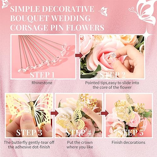 Miniatura 4 de Crowye 182 accesorios de ramo de flores, 10 coronas de ramo, 72 decoraciones de mariposa, 100 alfileres de flores con caja de plástico para el día