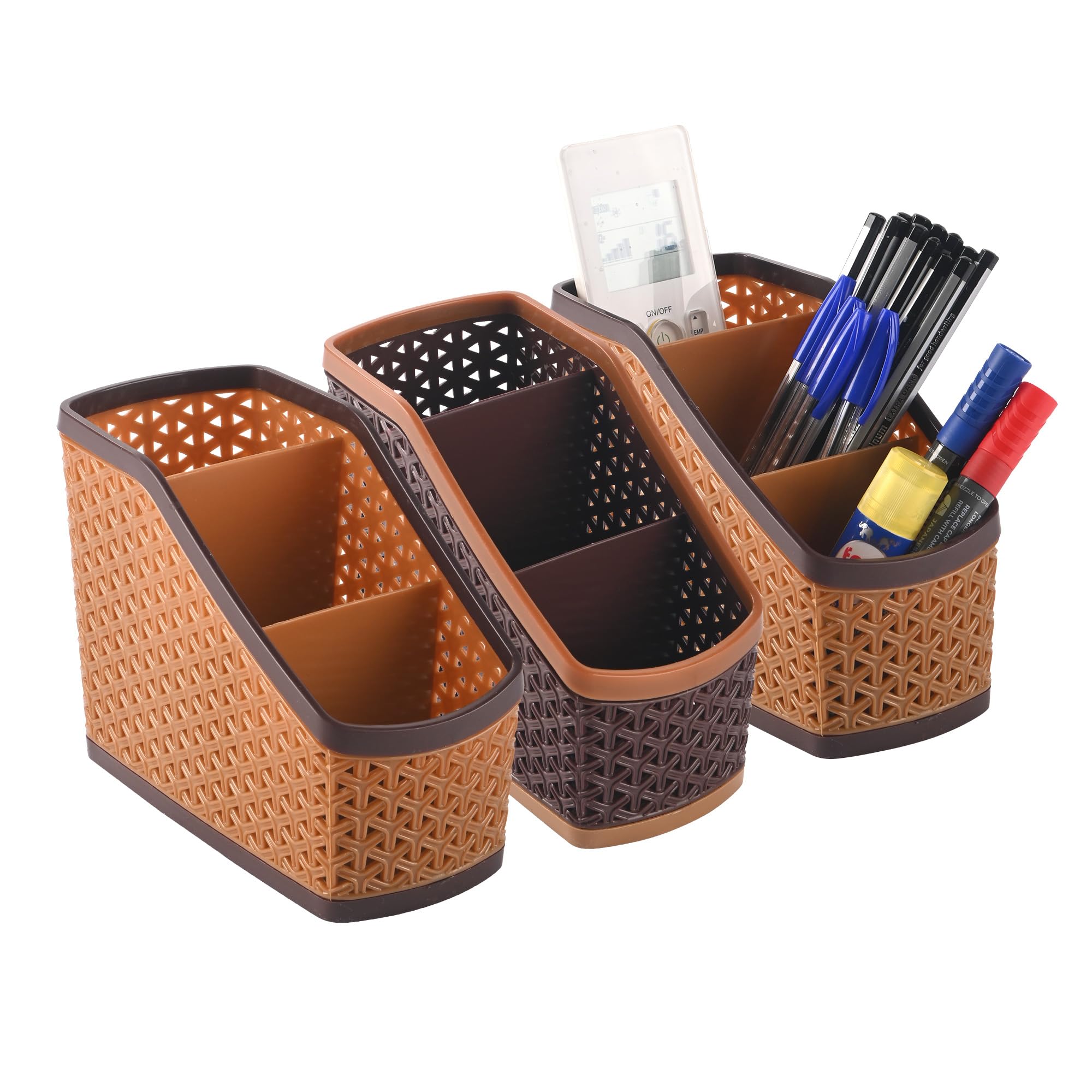 Pack of 3 Stylish Plastic 3-Compartment Pen Holder for Office Table | Durable Pen Stand for Study Table - Versatile Stationery Organizer for Home, School & Office Use | Brown