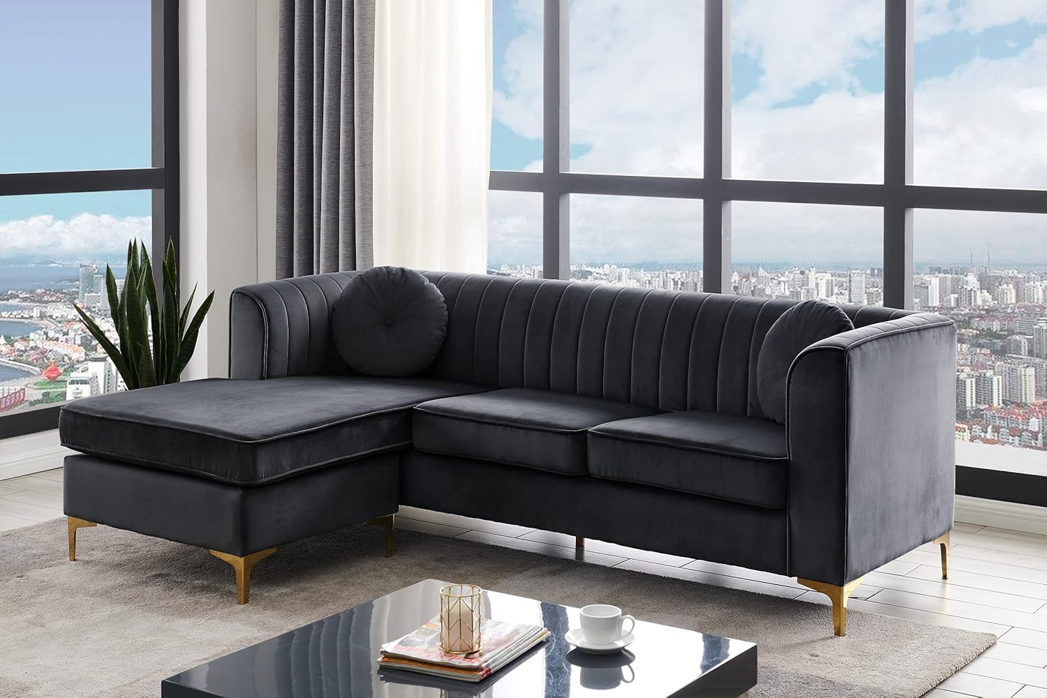 Iconic Home Brasilia Modular Chaise Sectional Sofa Velvet Upholstered Vertical Channel Quilted Seat Back Solid Gold Tone Metal Y-Legs with 2 Throw Pillows Modern Contemporary Taupe, Black