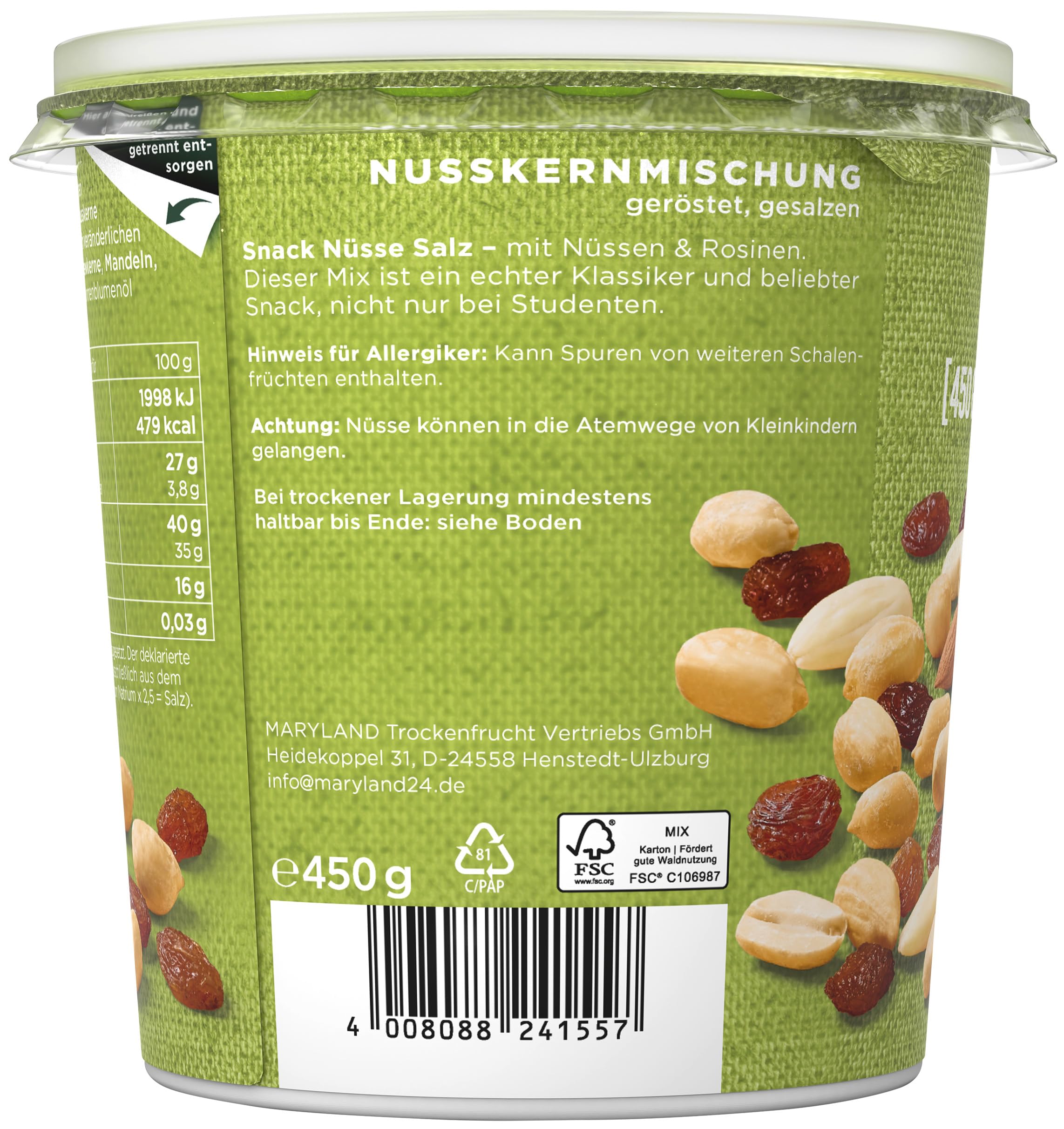 Maryland Studentenfutter Klassik XXL 450g Becher 12er Pack – Rosinen Erdnusskerne Cashewkerne und Mandeln in Nuss-Frucht-Mischung Wiederverschließbarer Becher (12 x 450g)