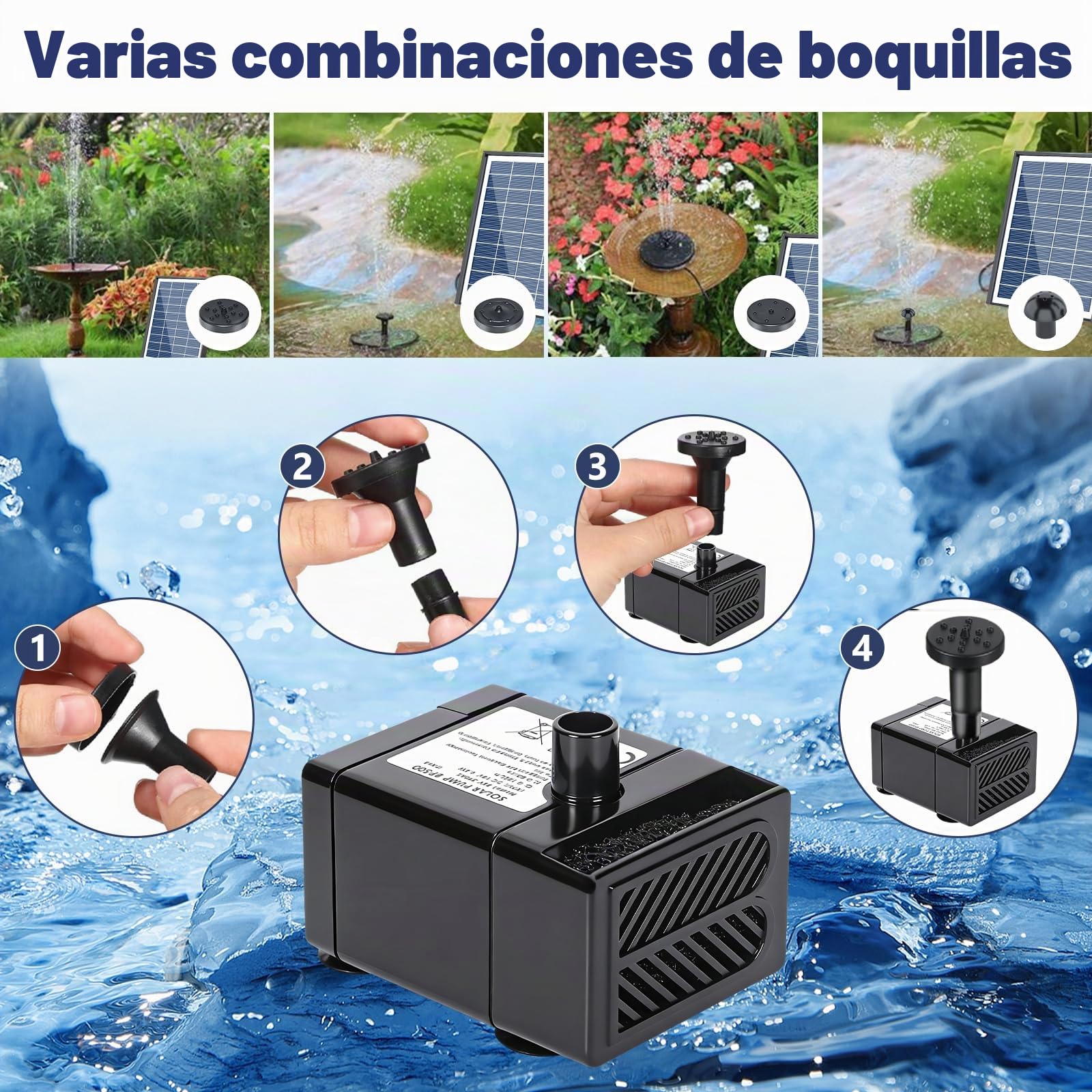 Fuente Solar Jardin Exterior 6.5w, Bomba de Agua Solar, Bomba Solar para Estanque, Bomba de Agua de Estanque Solar con 9 Boquillas, para Jardín Baño de Pájaros, Pecera, Estanque Pequeño