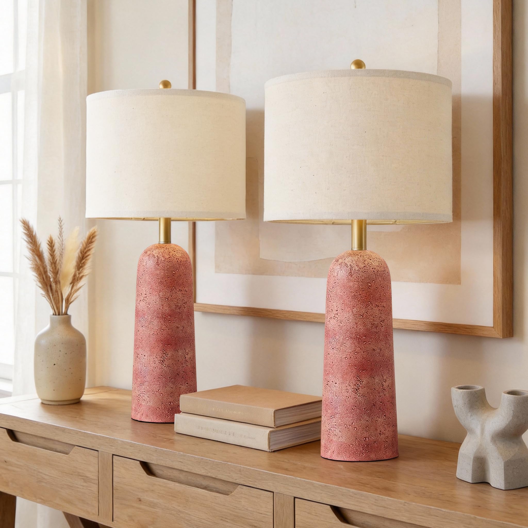 Photo 1 of BOBOMOMO 27.25" Modern Table Lamp Set of 2, Red Resin Table Lamps with Stone Look, Lamps for Living Room with Linen Shades, Bedside Lamps for Bedroom Nightstand, Table Lamps for Living Room End Tables