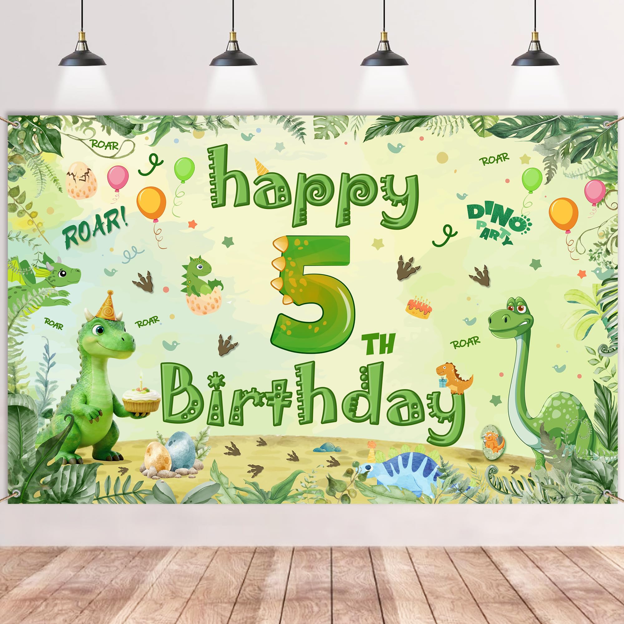 Dinosaur 5th Birthday Decorations Banner - Green Happy 5th Birthday Background Banner for Boys (100 X 150 cm), Dino Themed Photography Backdrop Decor for 5 Years Old Kids Jungle Party Supplies