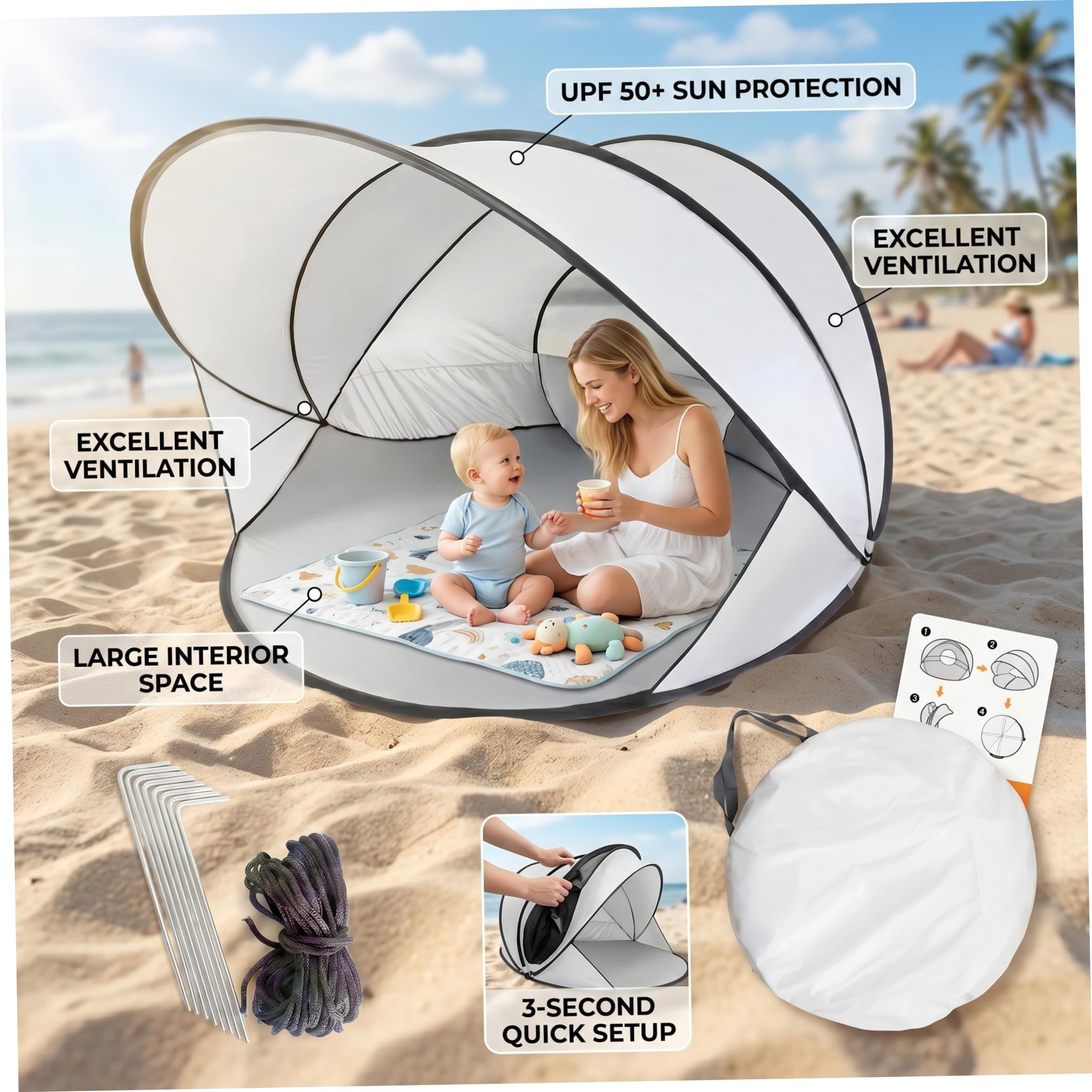 Tienda de campaña para bebés Tienda de Playa para 2-3 Personas Refugio Solar instantáneo UPF 50+ Sombra portátil para Exteriores Blanca de campaña para bebés de Playa instantán