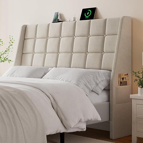 Miniatura 12 de ONBRILL Cabecero tapizado ergonómico de tamaño completo con estación de carga, cabeceros con respaldo de ala de lino con bolsillo de almacenamiento