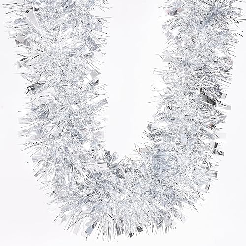 BLEUM CADE Guirnalda de oropel de 32.8 pies, oropel de Navidad plateada, decoración de árbol de Navidad, vacaciones, cumpleaños, bodas, fiestas