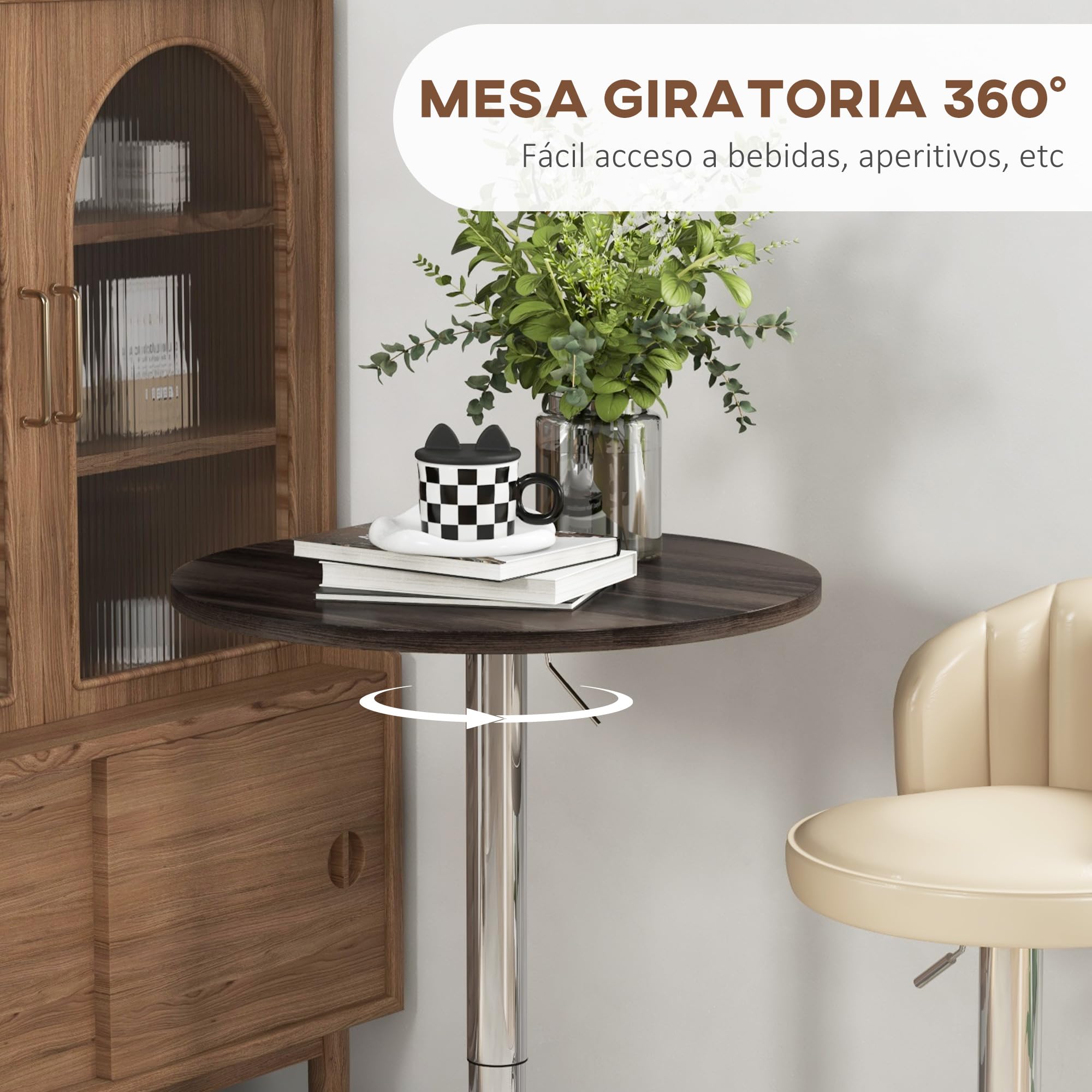 HOMCOM Mesa Alta Cocina, Mesa Alta Bar Redonda para 2 Personas, Altura Ajustable 69-91 cm, Tablero Giratorio 360°, Base de Acero, para Salón, Comedor, Cocina, 60x60x91 cm, Nogal