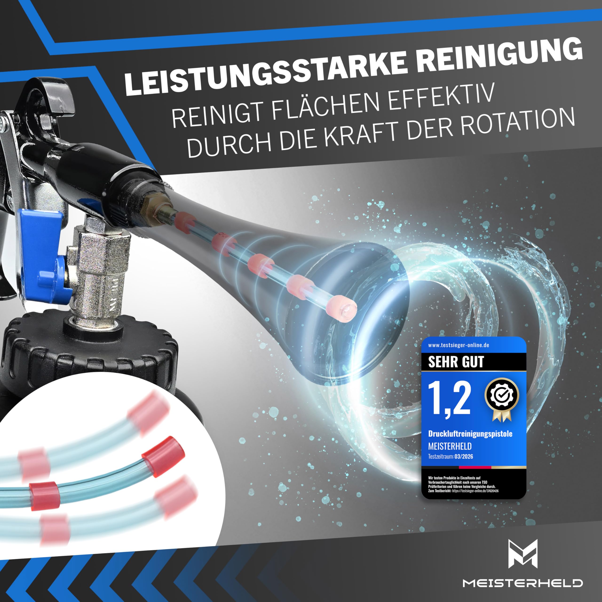 Druckluftreinigungspistole - präziser Trocken- & Nass-Reiniger für Auto, Teppich & Co - Luftdruckpistole mit Wassertank, Bürsten-Aufsatz & Dosierventile