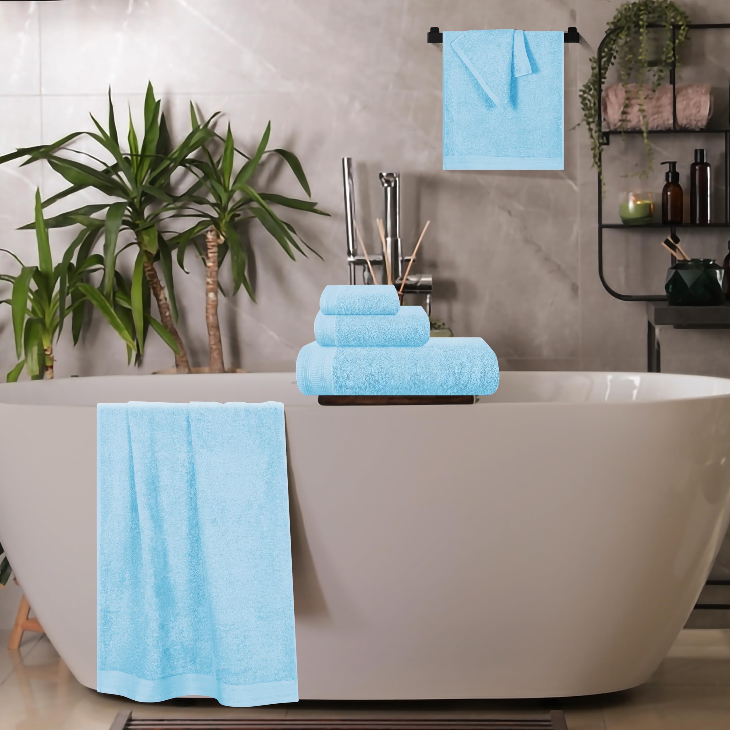 MALLONI Home Ultra weiches 6er-Pack Baumwoll-Handtuch-Set, enthält 2 übergroße Badetücher 70 x 140 cm, 2 Handtücher 40 x 60 cm und 2 Waschbetten 30 x 30 cm, Himmelblau