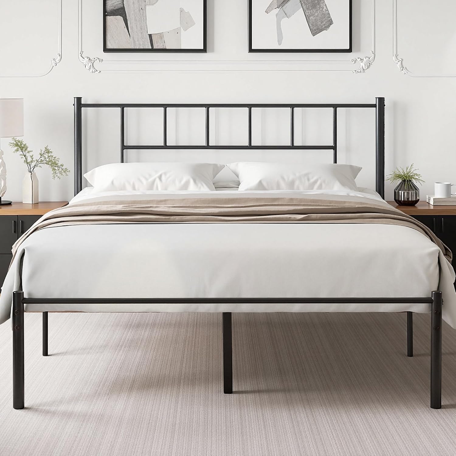 VECELO Queen Metal Platform Bed Frame with Headboard, Heavy Duty Steel Slat Support, Under Bed Storage,No Box Spring Needed, Easy Assembly VECELO Queen Metal Platform Bed Frame with Headboard, Heavy Duty Steel Slat Support, Under Bed Storage,No Box Spring Needed, Easy Assembly
