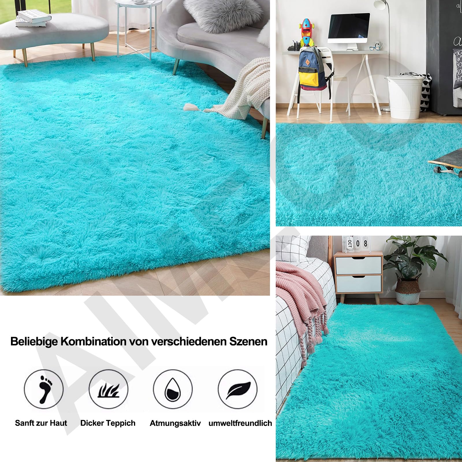 Alfombra mullida de pelo largo, color azul turquesa, 160 x 250 cm, antideslizante, ligera, estilo escandinavo, ideal para salón, dormitorio, habitación infantil