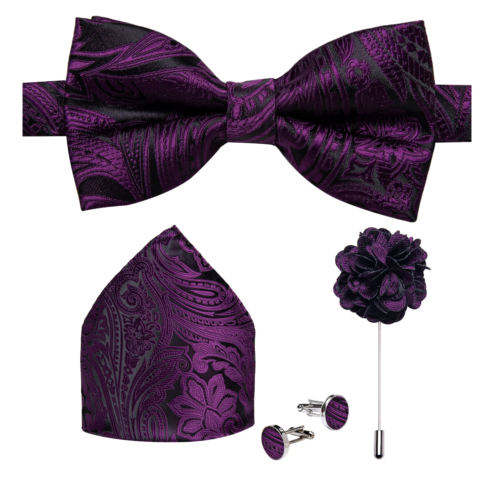 DiBanGu Pre-Tied Bow Ties for Men Silk Adjustable Tuxedo Bowties Pocket Square Cufflinks Set with Lapel Pin Jacquard Woven
