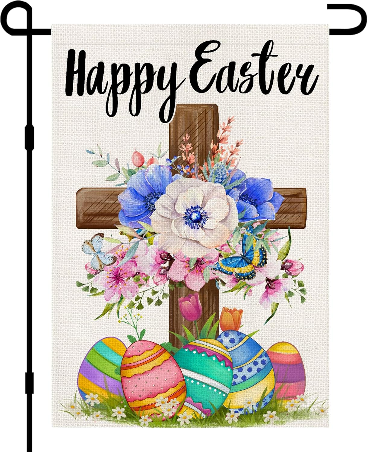 Happy Easter Garden Flag Burlap 12x18 Inch Double Sided Outside, Christian Religious Cross Sign Small Flags Yard Outdoor Decoration DF707