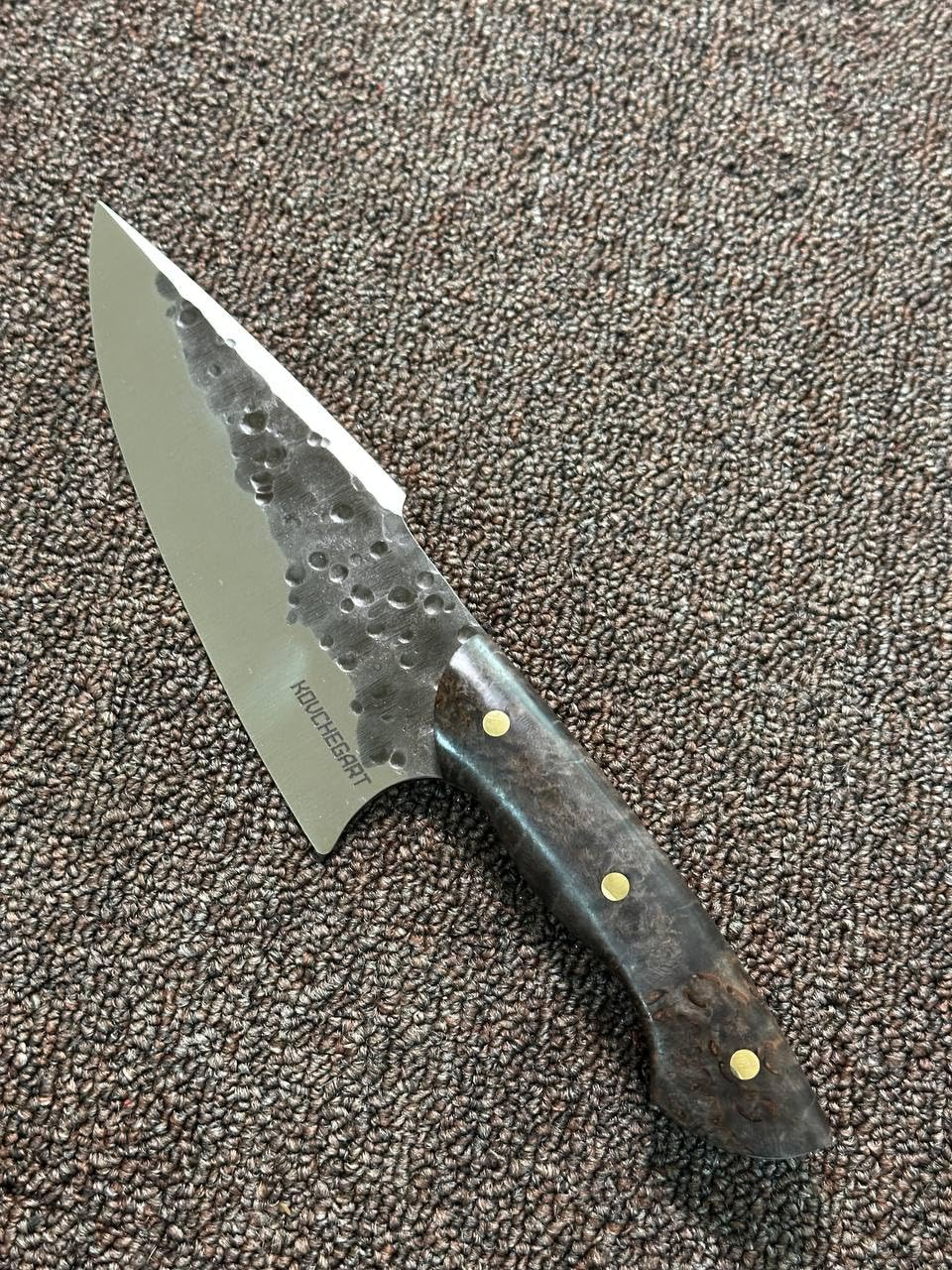 Professional Chef Knife with Hammered Damascus Steel Blade, Black Handle, Triple Brass Rivets, Kitchen Cutlery