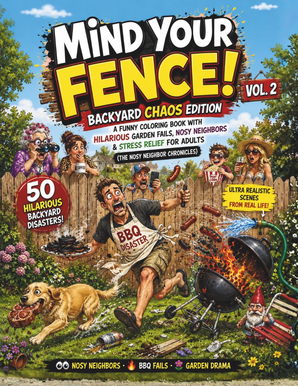 Mind Your Fence! Vol. 2: Backyard Chaos Edition – A Funny Coloring Book with Hilarious Garden Fails, Nosy Neighbors & Stress Relief for Adults (The Nosy Neighbor Chronicles)