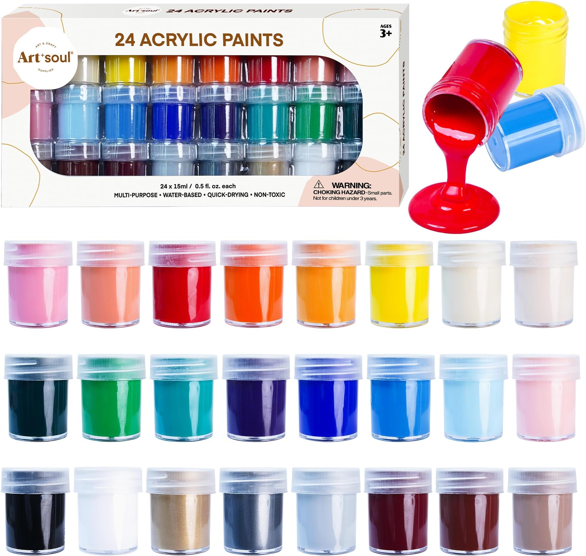 Art+soul Acrylic Paint Set - 24 Vibrant Colors, 0.5oz/15ml Jars, Non-Toxic - Elevate Your Creative Journey with Exceptional Painting Results!