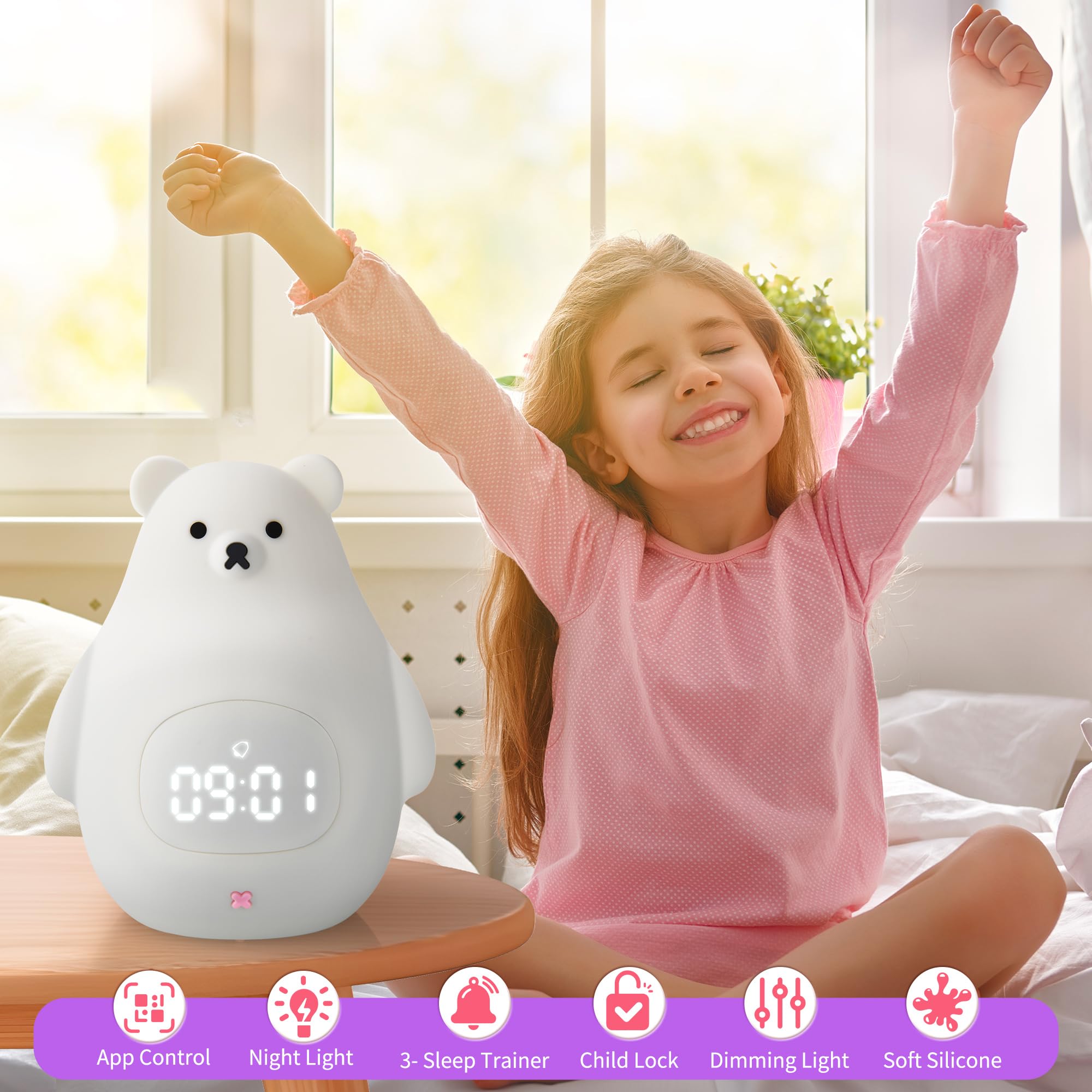 GANGULITO Smart Kids Alarm Clock Lamp App Control Toddler Sleep Trainer with Green Night Light All-in-one OK to Wake Rechargeable (Silicone White Teddy Bear)