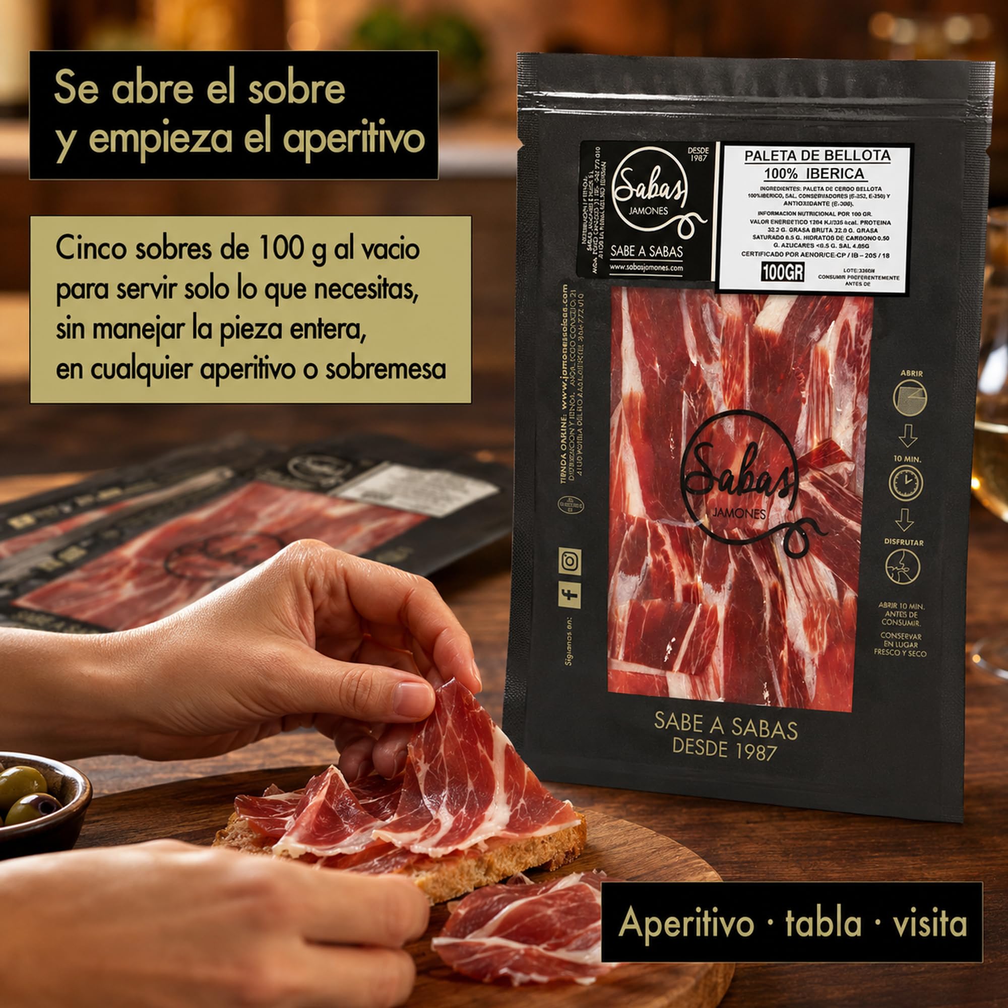 Paleta de Bellota 100% Iberica de Jabugo Cortada a Cuchillo 5 Sobres 100 g | Jamon iberico loncheado pata negra al vacio; curacion 30 meses, Sierra Huelva. Para tabla, aperitivo, cesta y regalo