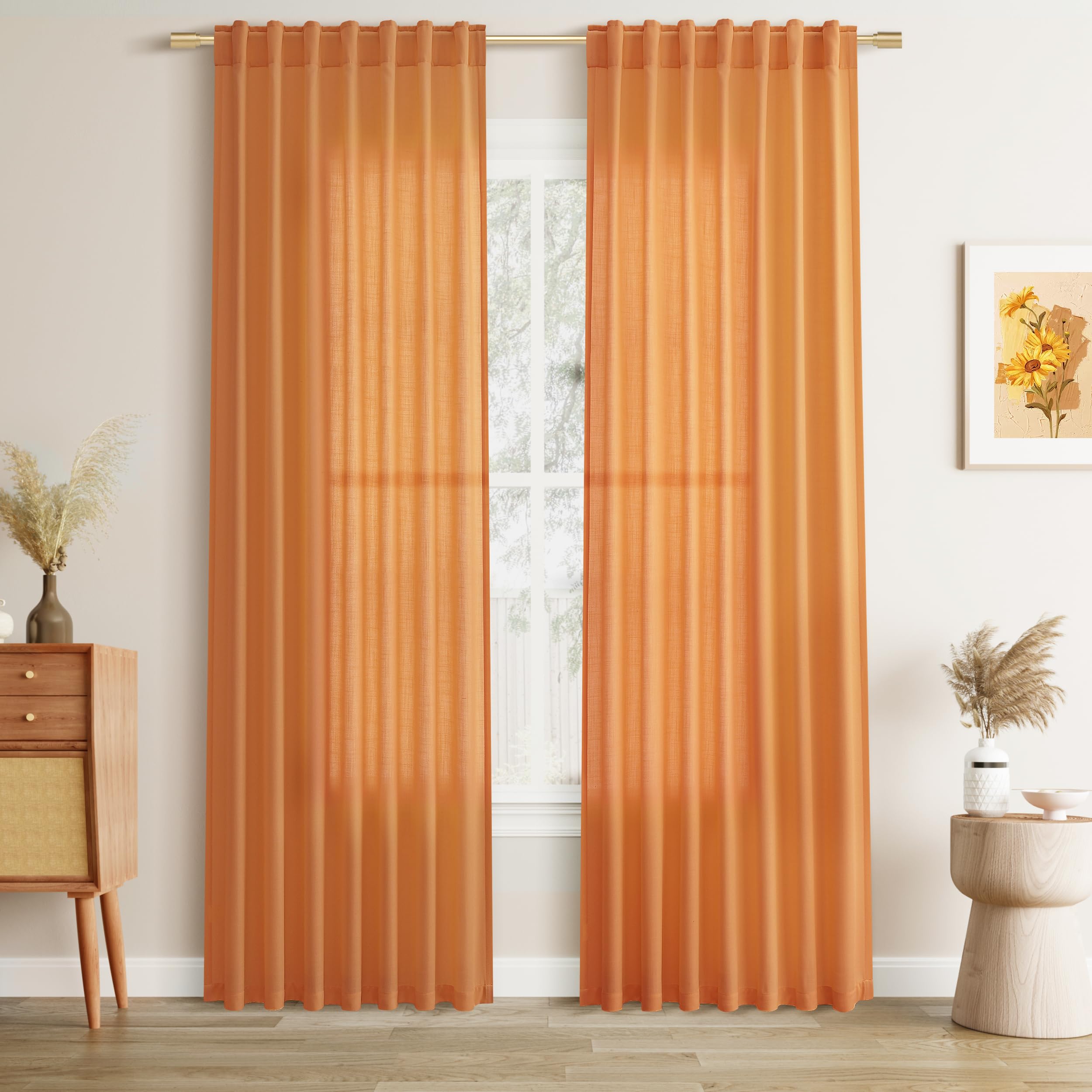 Joywell Orange Back Tab Rod Pocket Linen Curtains 96 Inches Long 2 Panels for Living Room Bedroom Neutral Boho Farmhouse Rustic Light Filtering Semi Sheer Curtains Window Treatment 52x96