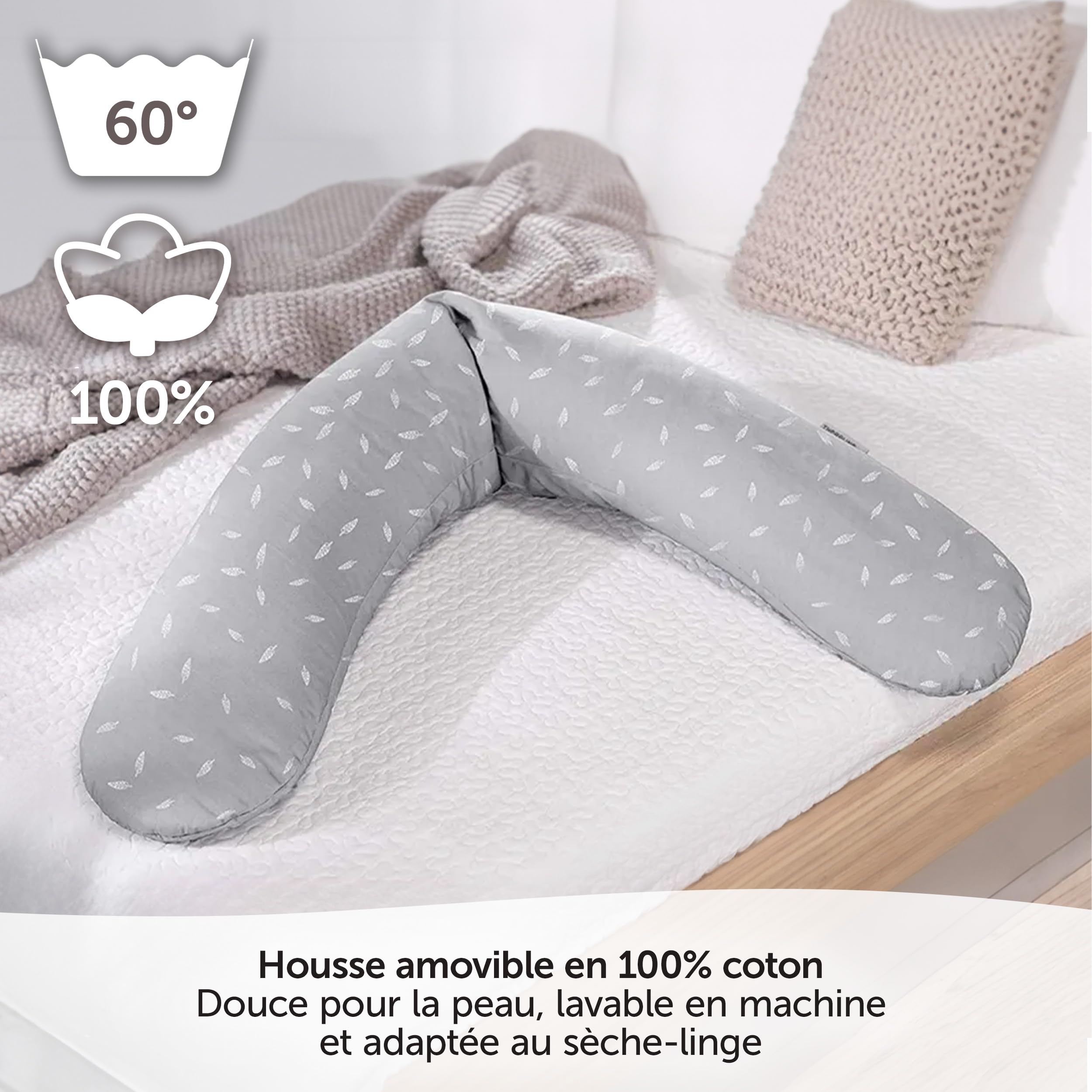 Theraline Coussin d'allaitement et Grossesse 190 cm – Microbilles silencieuses, Housse Amovible 100% Coton sans substances nocives – Leaves, Gris