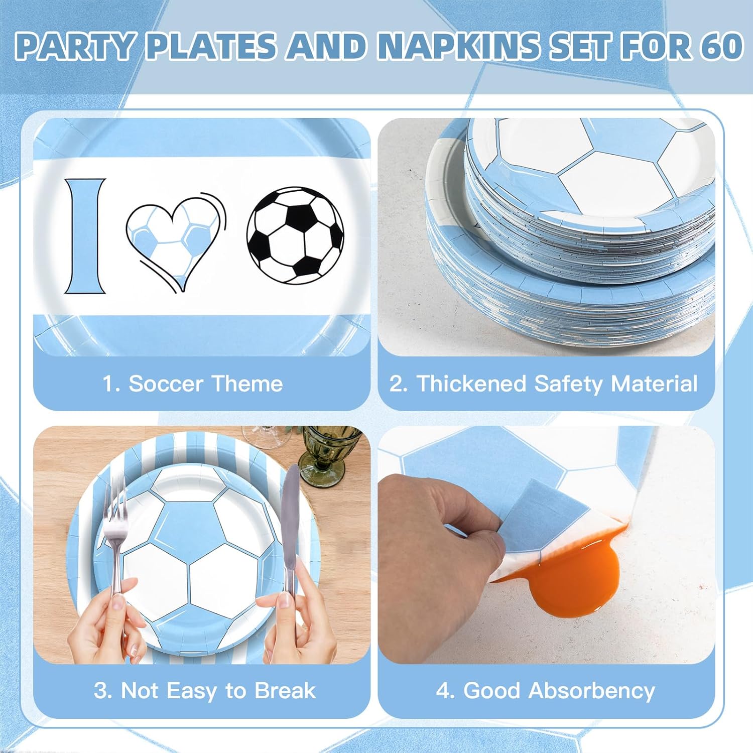 180Pcs Blue Soccer Party Supplies Paper Plates and Napkins Serve 60 Disposable Tableware Set for Birthday Party Decorations Game Day Family Holiday Sports Events