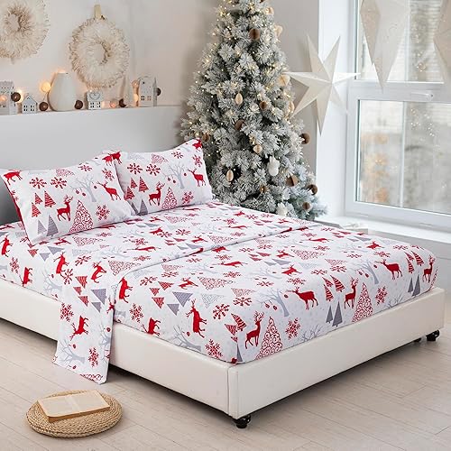 Miniatura 4 de Juego de sábanas de Navidad, tamaño Queen, diseño de ciervos, árboles de Navidad, juego de sábanas de 4 piezas de hombre de jengibre con sábana