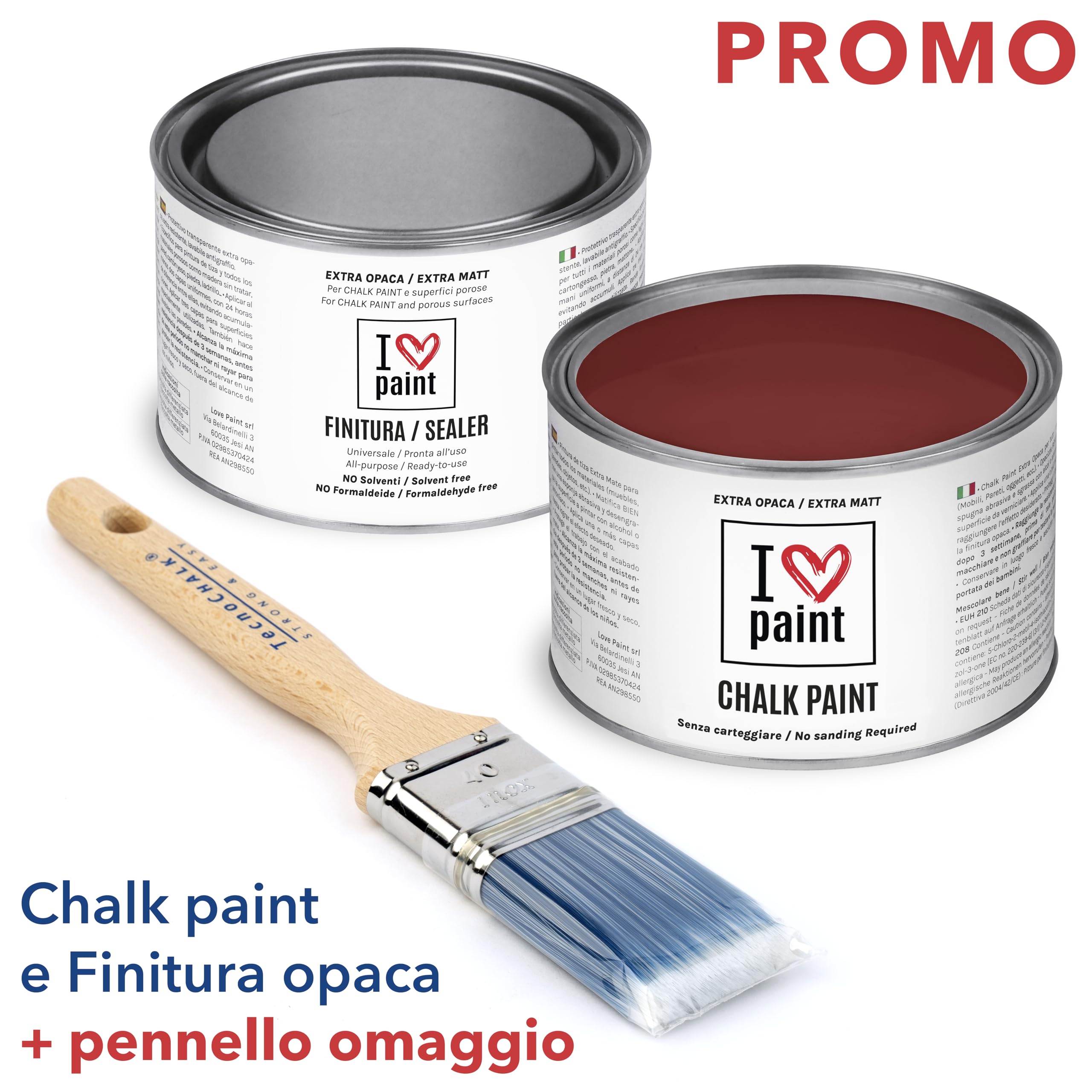 I Love Chalk Paint – Kit Completo Vernice, Finitura e Pennello - Pittura Senza Carteggiare – Colore Rosso Ossido (375ml Chalk Paint + 375ml Finitura + Pennello 40mm)