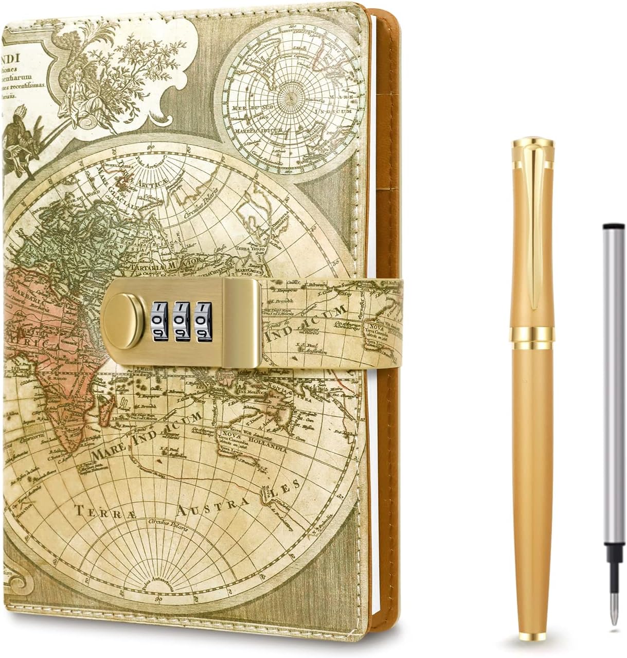 Vintage Old Map Diary with Lock,A5 Locking Journal Pu Leather Refillable Writing Notebook with Lock Combination Password Personal Lock Journal with Pen&Gift Box Secret Lock Diary for Adults Men,Women.
