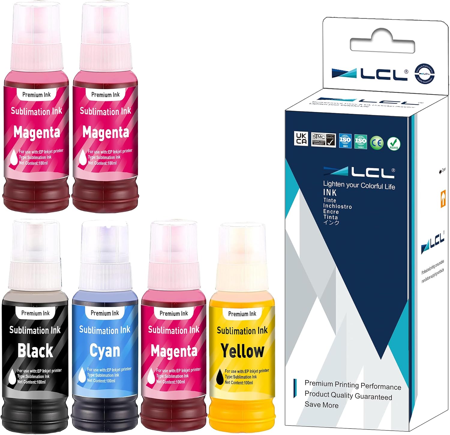 LCL 600ML Sublimation Ink Refilled Bottles 2-Pack Magenta Bundle with 4 Colors Set Compatible with ET-2400 ET-2720 ET-2800 ET-2803 ET-2760 ET-2820 ET-2850 ET-3710 Inkjet Printers