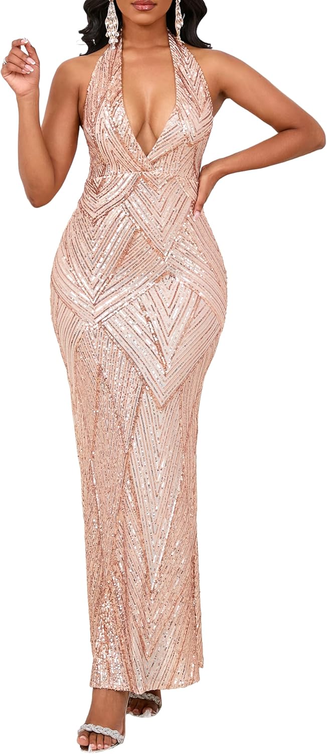VERWIN Women's Sequin Halter V Neck Formal Sleeveless Bodycon Sparkly Prom Evening Party Backless Maxi Dress
