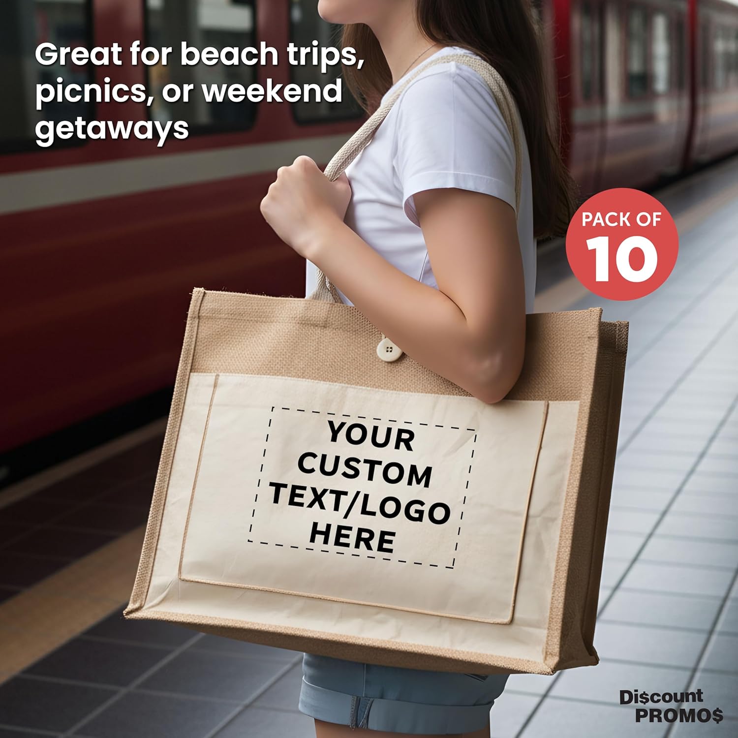 DISCOUNT PROMOS Custom Jute Tote Bags with Cotton Pocket Set of 10, Personalized Bulk Pack - Reusable, Great for Picnic, Camping, Beach, Outdoor Activities - Natural - Image 3