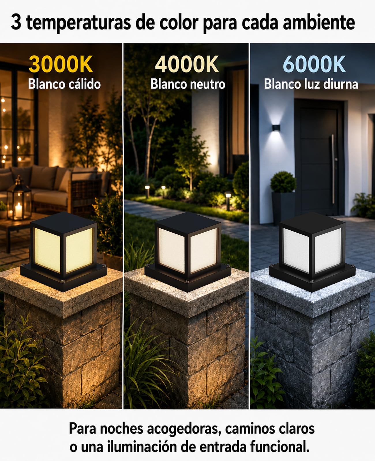 Farola Exterior Jardín E27, Lámpara de Sobremuro IP65 de Metal, 15W LED 3000K/4000K/6000K, Baliza Exterior Cuadrada para Muro, Camino, Terraza, Patio y Valla, Negro