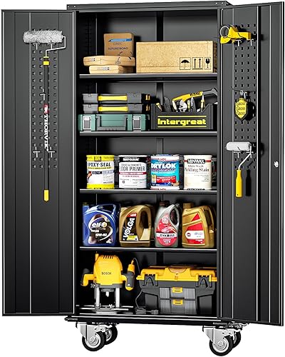 Vista 127 de INTERGREAT Armario de almacenamiento de metal, armarios de acero con cerradura de 72 pulgadas de alto con puertas de bloqueo, armario de Gris blanco