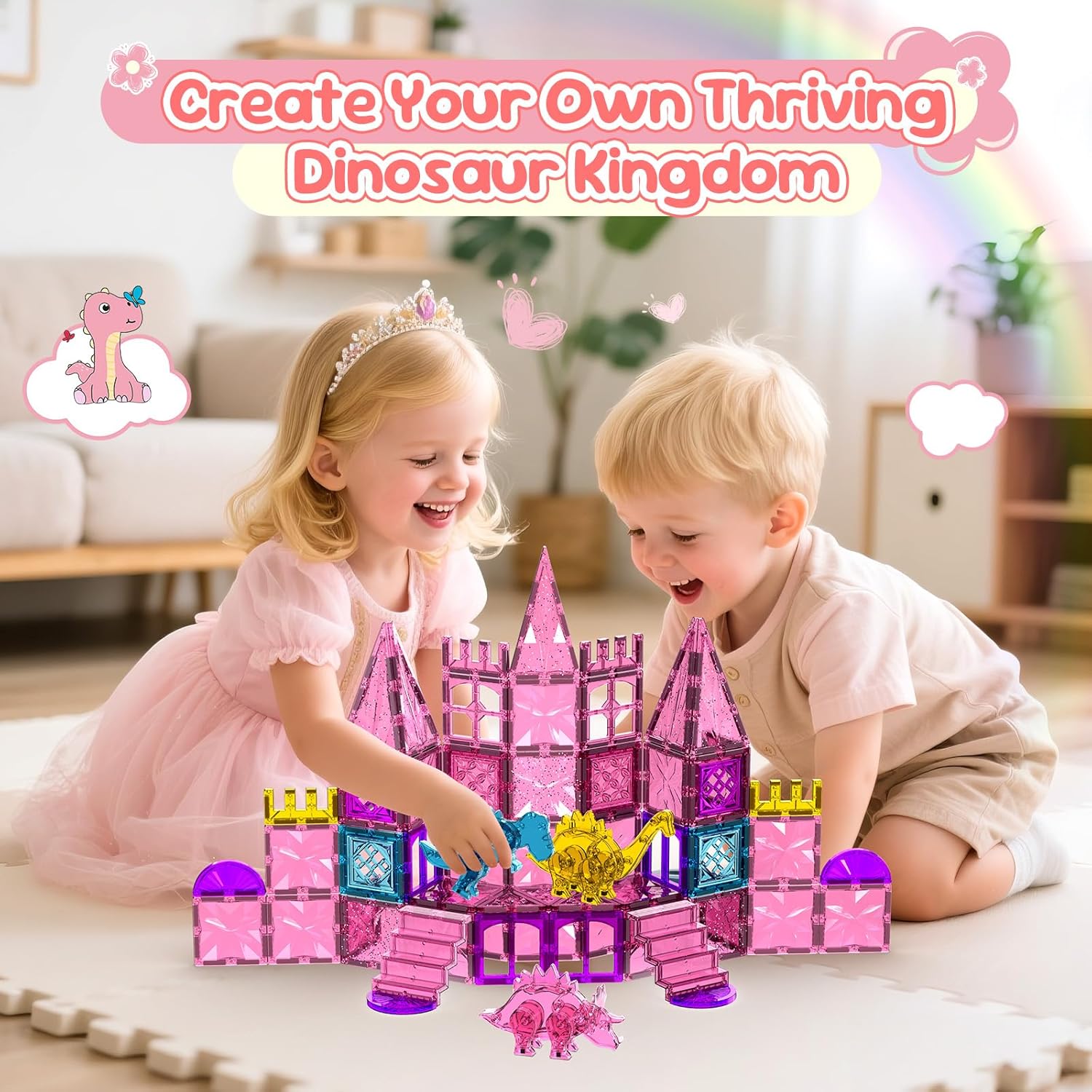 60PCS Dinosaur Toys Magnetic Tiles for Girls, Magnetic Building Blocks Sensory Dino Toy for Girl Ages 3-5 4-8 Year Old, Girl Toys Dinosaur Decorations Birthday Gifts for 3+ Years Old Kids Boys