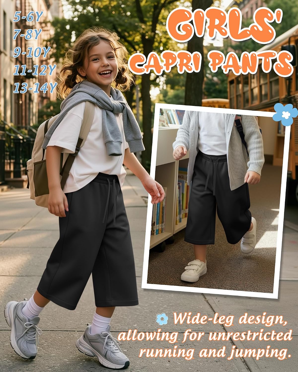 Girls' Long Shorts Wide Leg Baggy Below Knee Shorts School Capri Pants 5-14 Years